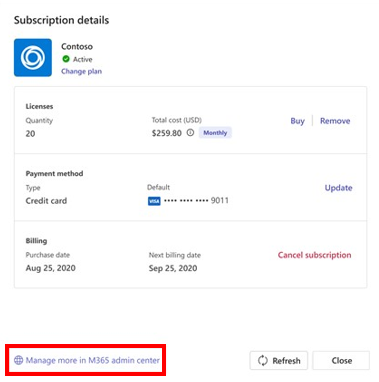 Screenshot shows you to manage the additional subscriptions in M365 admin center.